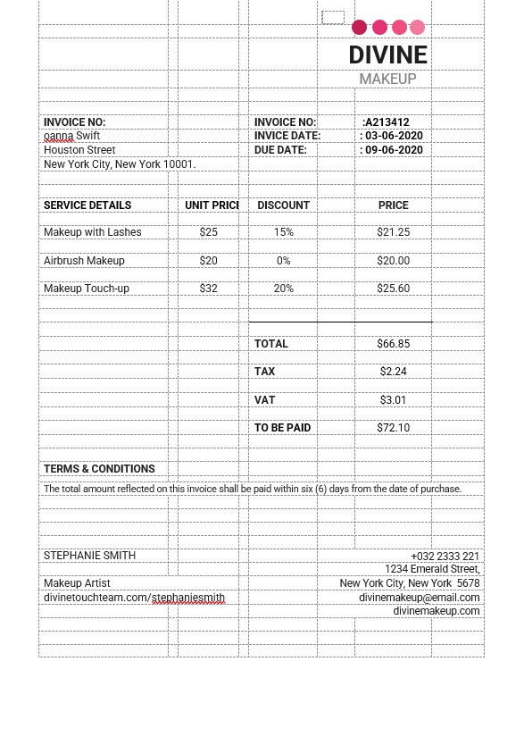 Makeup Artist Invoice Template PSD template